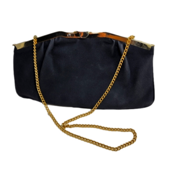 Vintage RARE Black Suede clutch Evening Bag Long Chain Purse box style opening - Picture 2 of 7